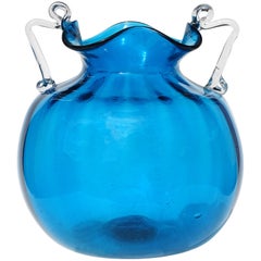 A.Ve.M. Murano Blue Clear Handles Italian Art Glass Ruffle Rim Flower Vase