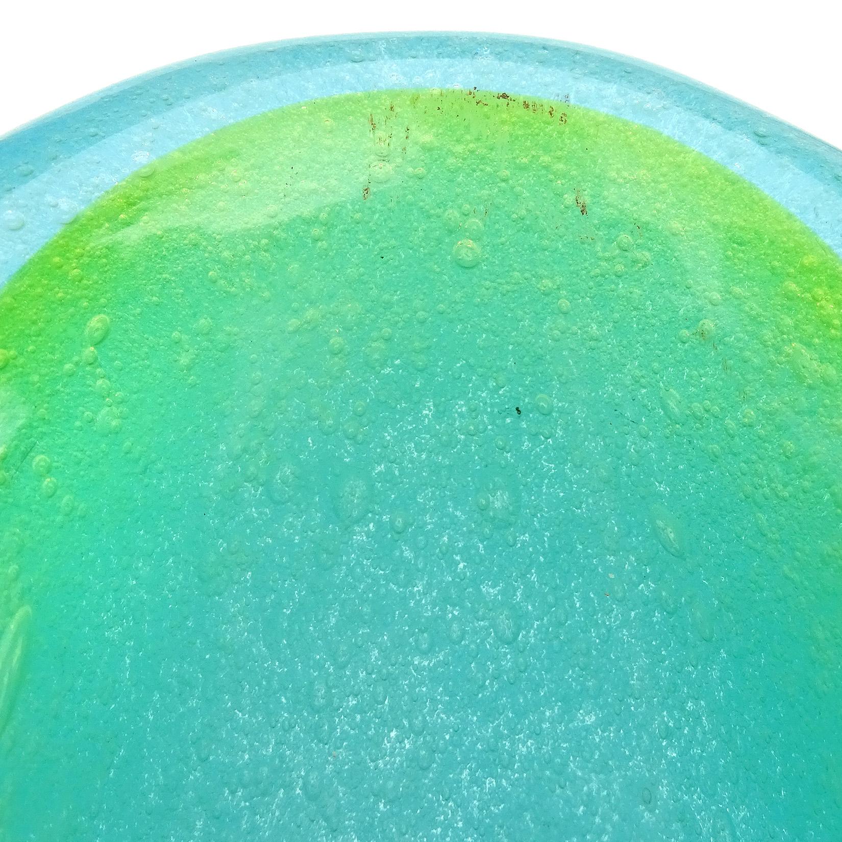 AVeM Murano Blue Green Pulegoso Bubbles Italian Art Glass Bowl with Label For Sale 1