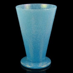 AVeM Murano Blue Iridescent Pulegoso Bubbles Italian Art Glass Flower Vase