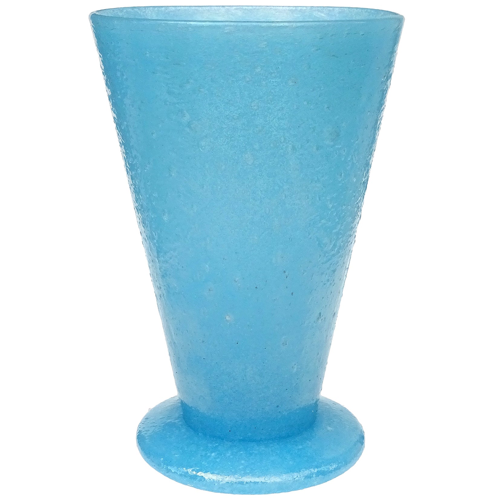 AVeM Murano Blue Iridescent Pulegoso Bubbles Italian Art Glass Flower Vase For Sale