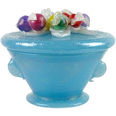 A.Ve.M. Murano Blau schillernde Pulegoso Italienische Kunst Glas Vanity Puderdose