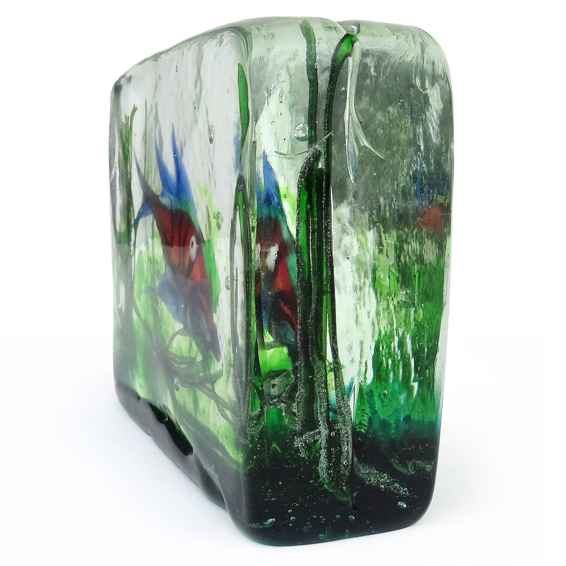 Mid-Century Modern A.Ve.M. Murano Blue Red Green Swimming Fish Italian Art Glass Aquarium Block