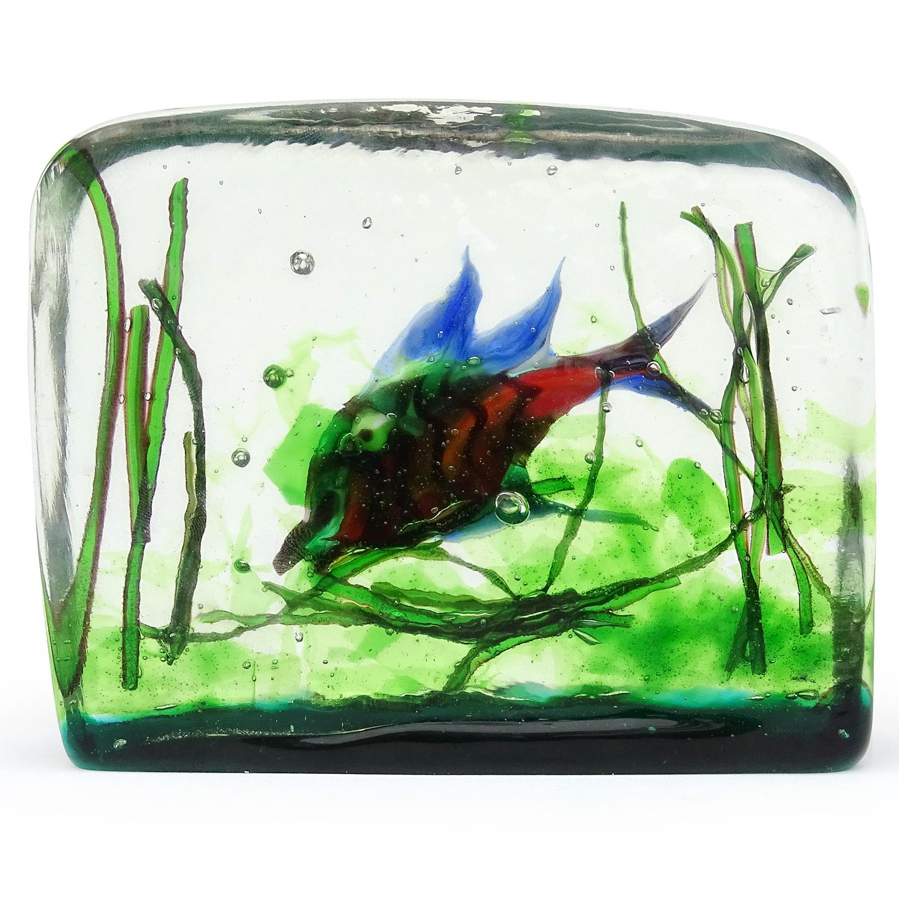 A.Ve.M. Murano Blue Red Green Swimming Fish Italian Art Glass Aquarium Block In Good Condition In Kissimmee, FL