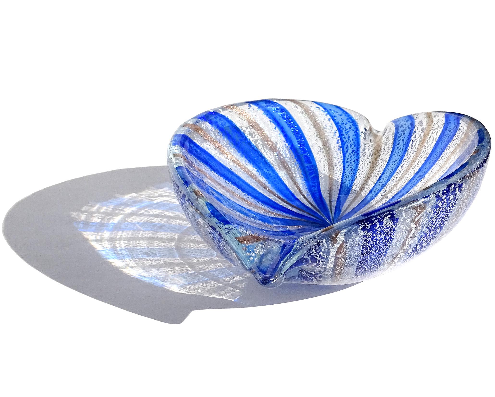 Mid-Century Modern A.Ve.M. Murano Blue Silver Aventurine Flecks Italian Glass Striped Bowl Ashtray