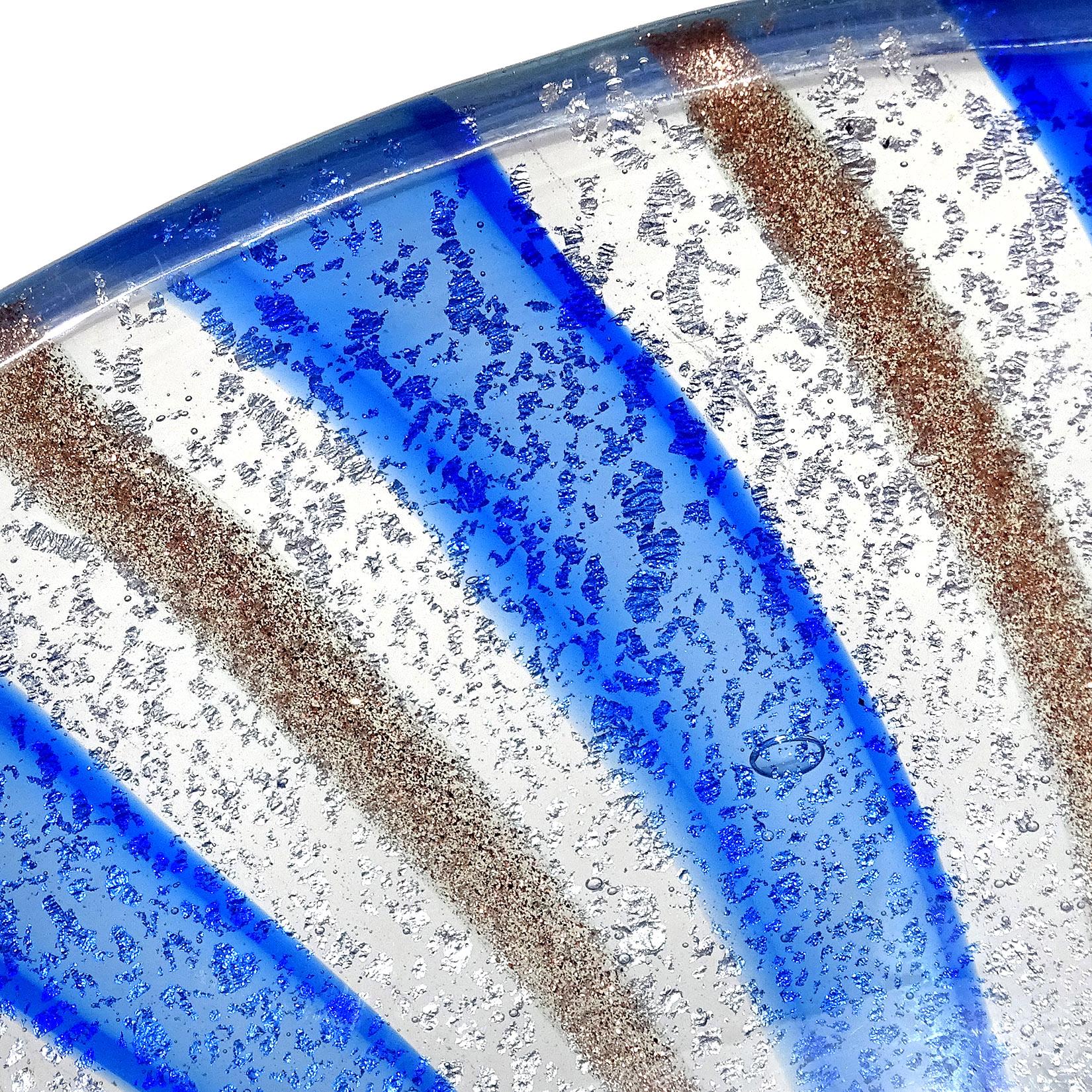 Hand-Crafted A.Ve.M. Murano Blue Silver Aventurine Flecks Italian Glass Striped Bowl Ashtray