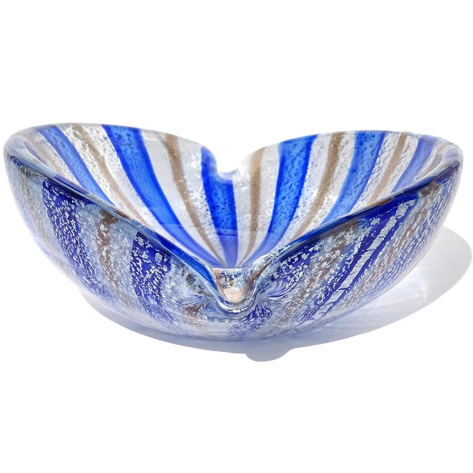 A.Ve.M. Murano Blue Silver Aventurine Flecks Italian Glass Striped Bowl Ashtray In Good Condition In Kissimmee, FL