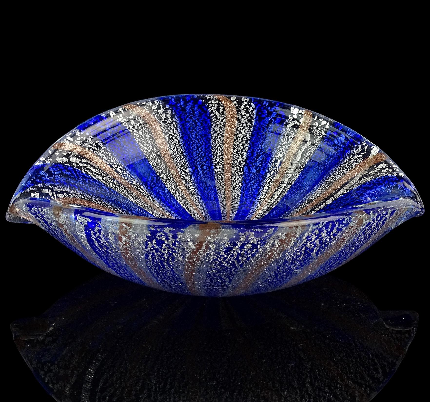 20th Century A.Ve.M. Murano Blue Silver Aventurine Flecks Italian Glass Striped Bowl Ashtray
