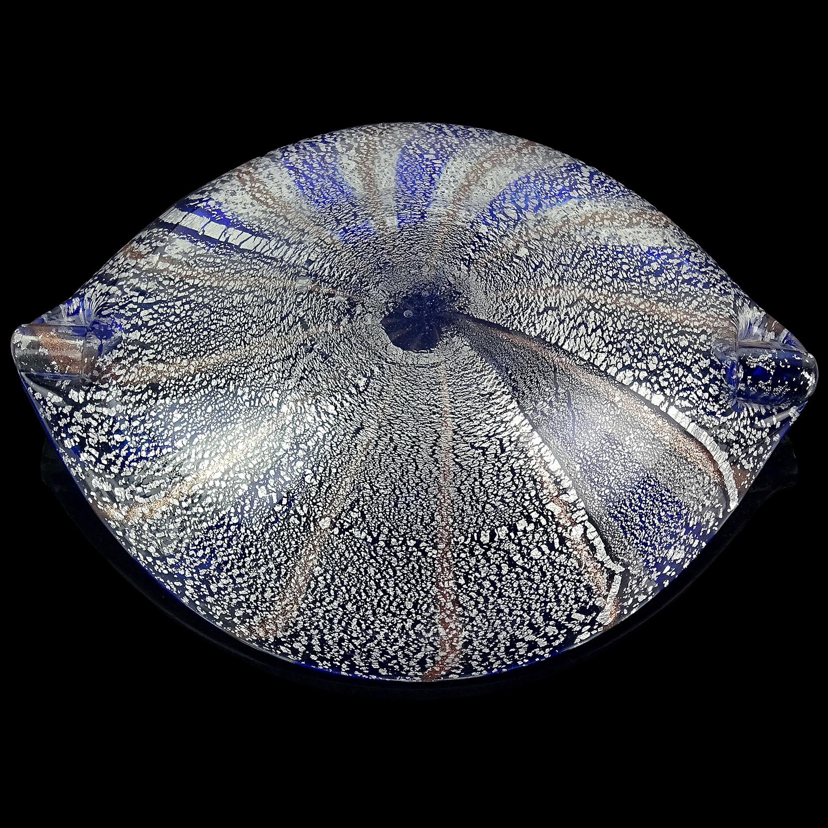 Art Glass A.Ve.M. Murano Blue Silver Aventurine Flecks Italian Glass Striped Bowl Ashtray
