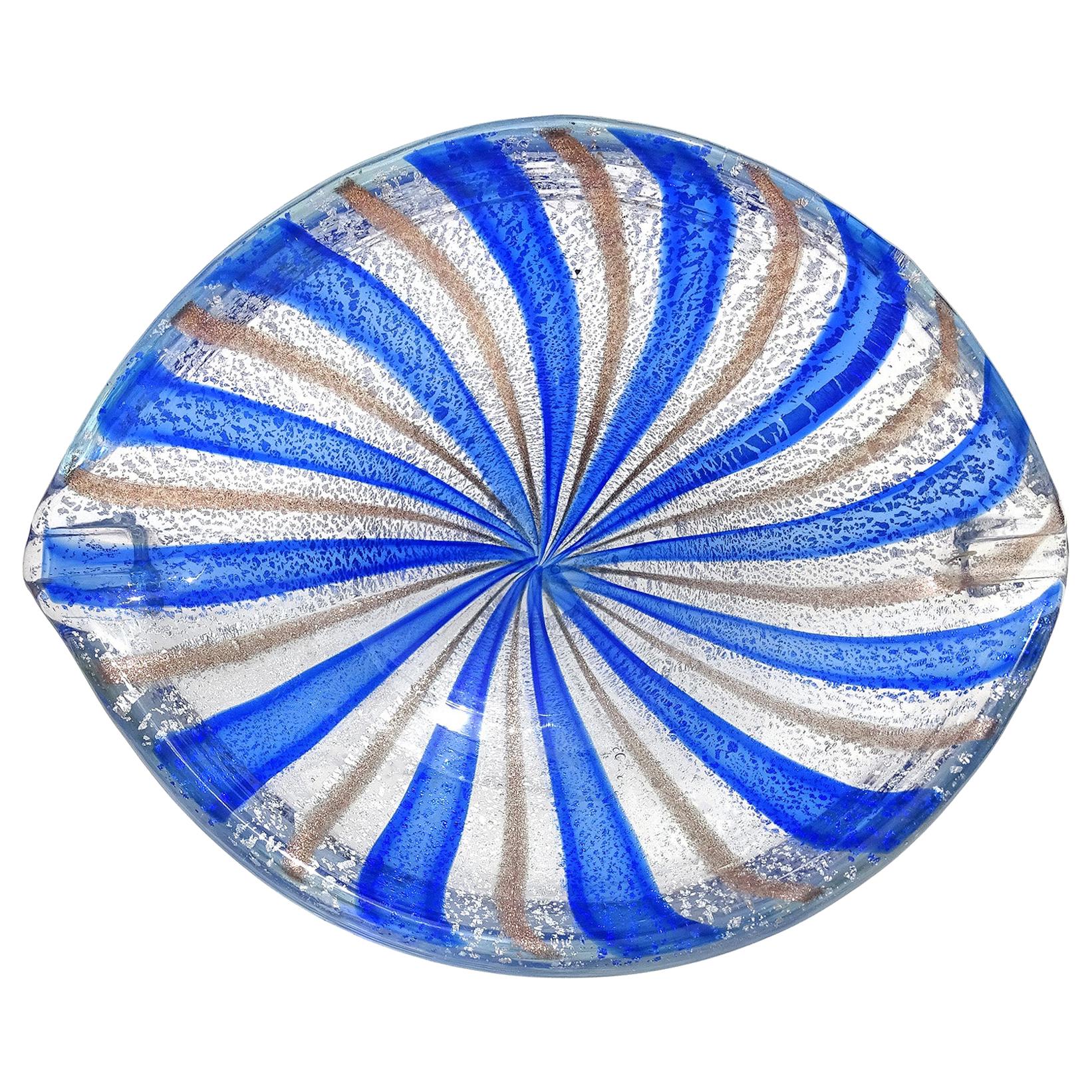 A.Ve.M. Murano Blue Silver Aventurine Flecks Italian Glass Striped Bowl Ashtray