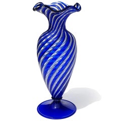 A.Ve.M. Murano Cobalt Blue Clear Ribbon Italian Art Glass Ruffle Rim Flower Vase