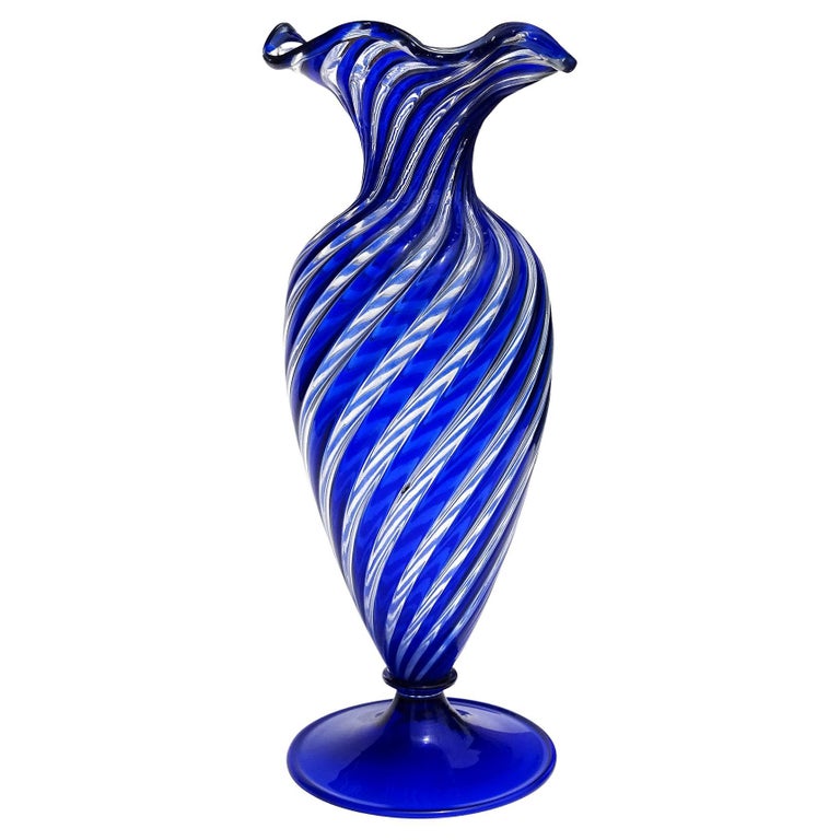 A.Ve.M. Murano Cobalt Blue Clear Ribbon Italian Art Glass Ruffle Rim Flower Vase For Sale