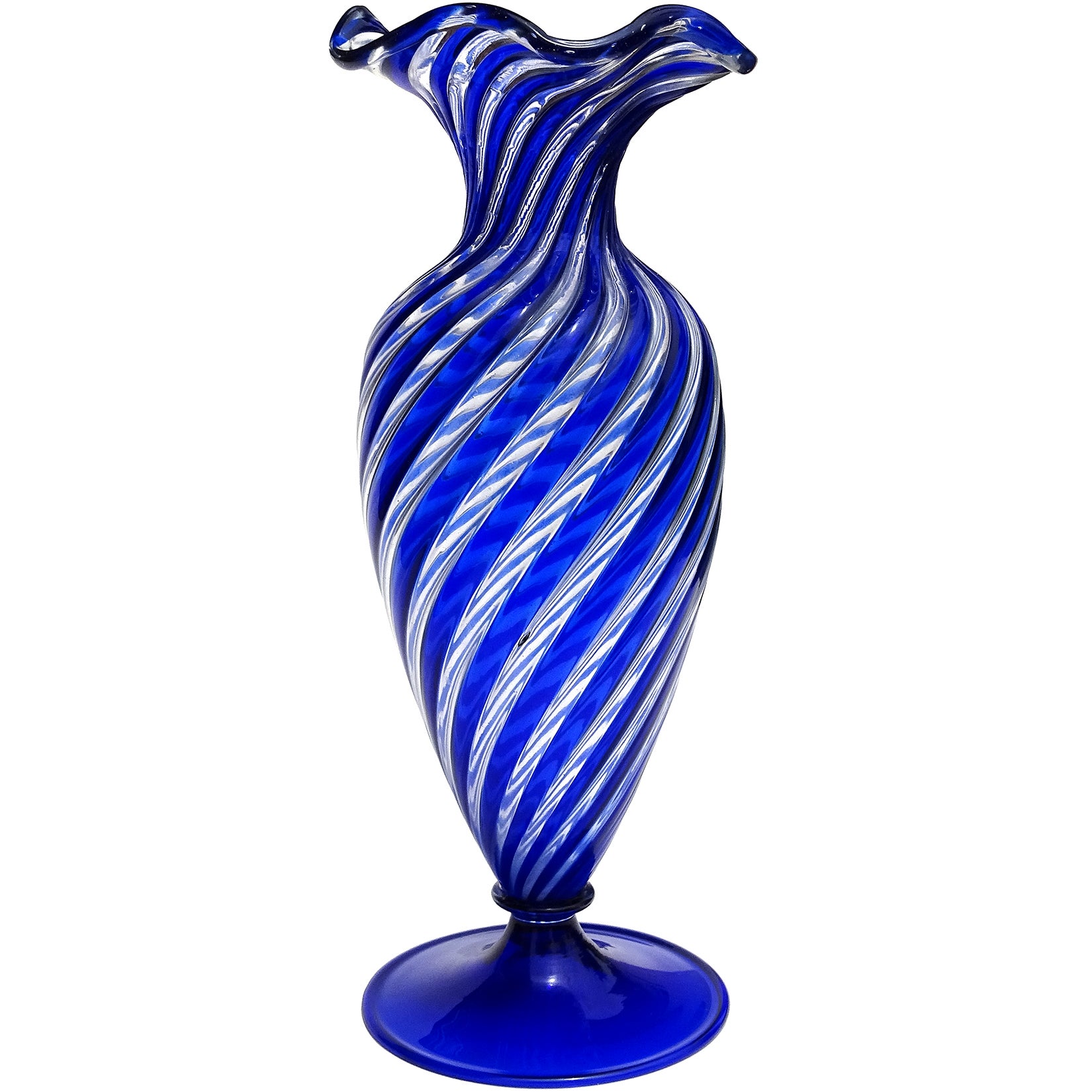 A.Ve.M. Murano - Vase à fleurs en verre d'art italien à bordure volantée bleu cobalt transparent en vente