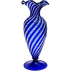 A.Ve.M. Murano Cobalt Blue Clear Ribbon Italian Art Glass Ruffle Rim Flower Vase