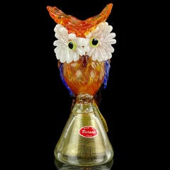 A.Ve.M. Murano Gold Flecks Applied Feather Italian Art Glass Owl Bird Sculpture