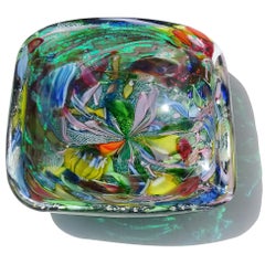 A.VE.M. Murano Green Millefiori Flower Silver Flecks Ciotola in vetro d'arte italiana