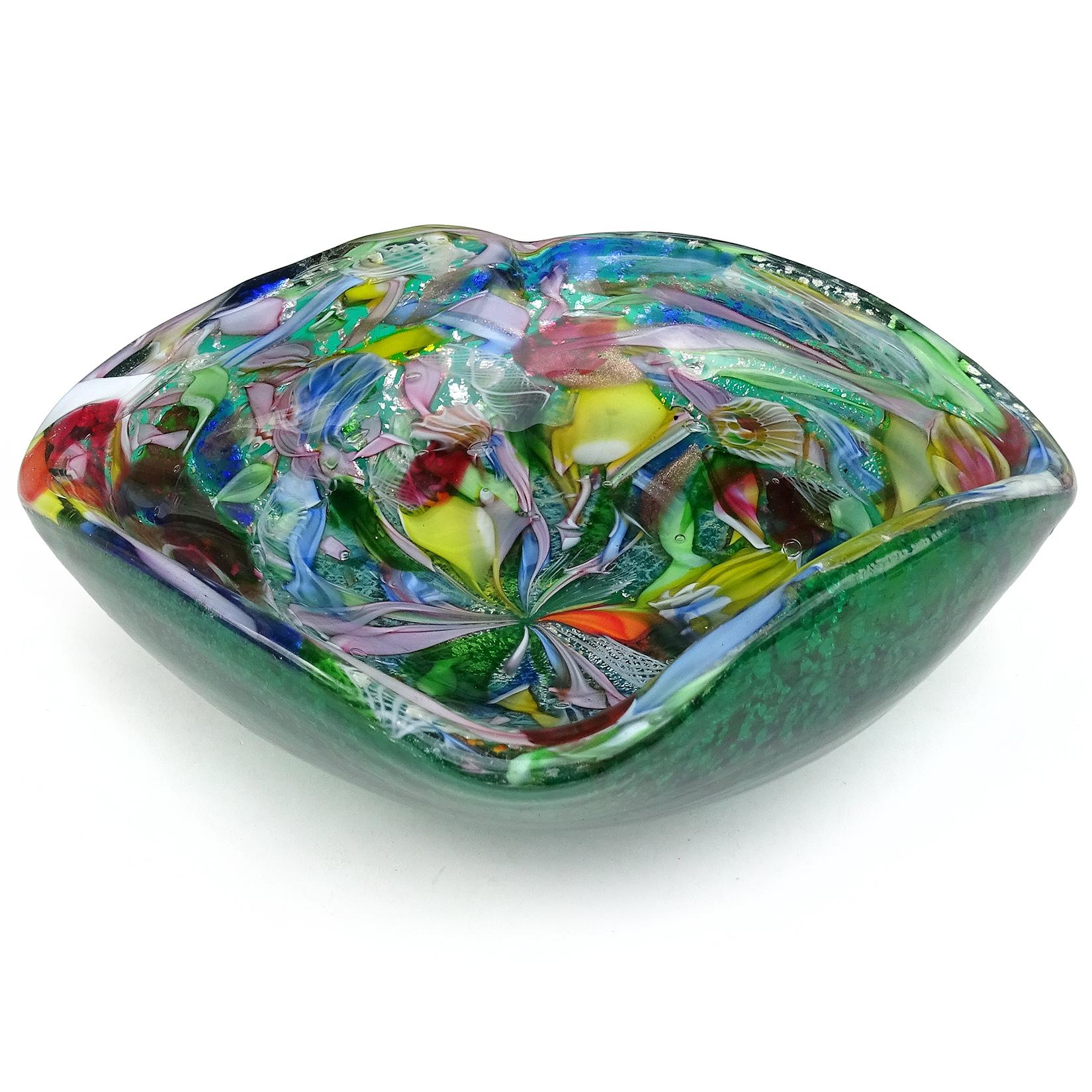 Mid-Century Modern A.Ve.M. Murano Green Millefiori Flower Silver Flecks Italian Art Glass Bowl For Sale