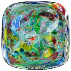 A.Ve.M. Murano Green Millefiori Flower Silver Flecks Italian Art Glass Bowl