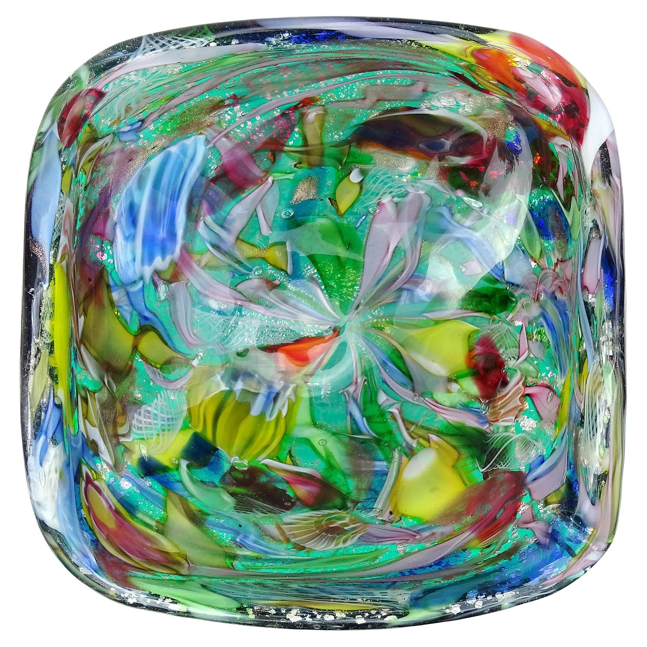 A.VE.M. Murano Green Millefiori Flower Silver Flecks Ciotola in vetro d
arte italiana