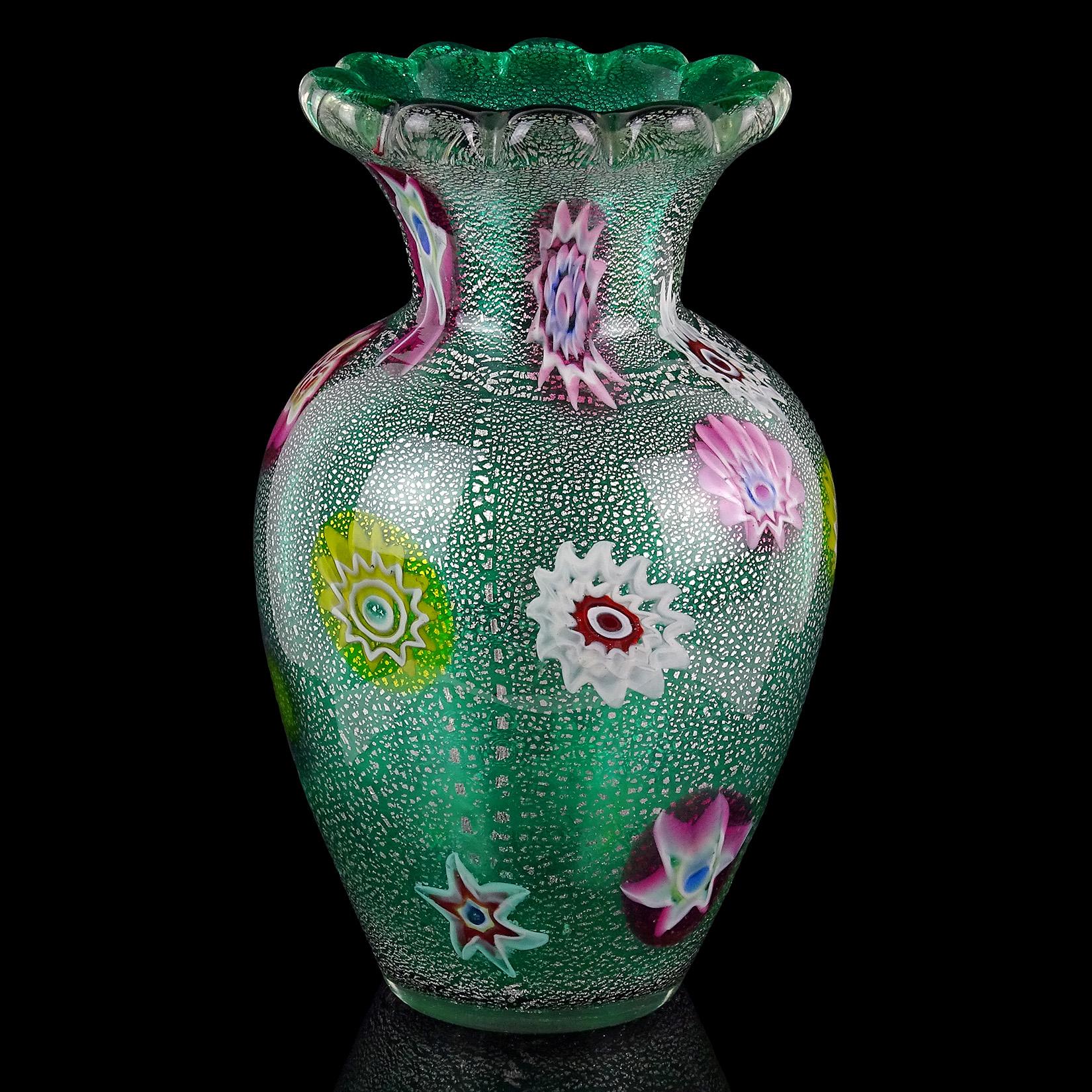 Hand-Crafted A.Ve.M. Murano Green Millefiori Silver Flecks Italian Art Glass Flower Vase
