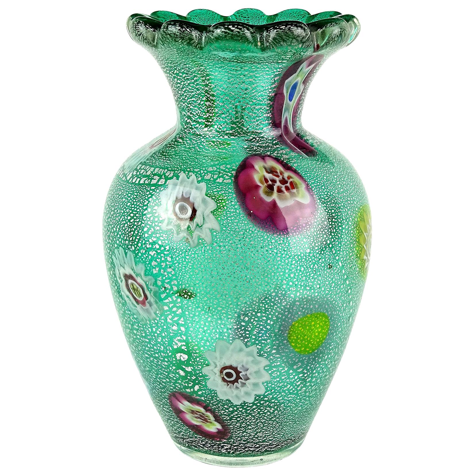 A.Ve.M. Murano Green Millefiori Silver Flecks Italian Art Glass Flower Vase