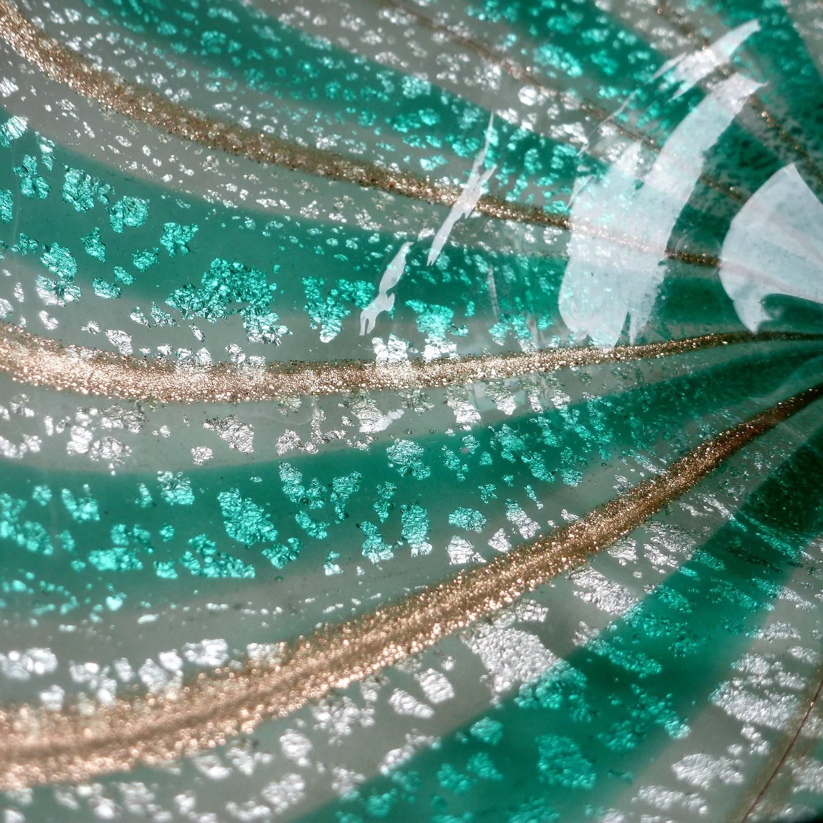 Hand-Crafted A.Ve.M. Murano Green Silver Aventurine Flecks Italian Art Glass Striped Bowl For Sale