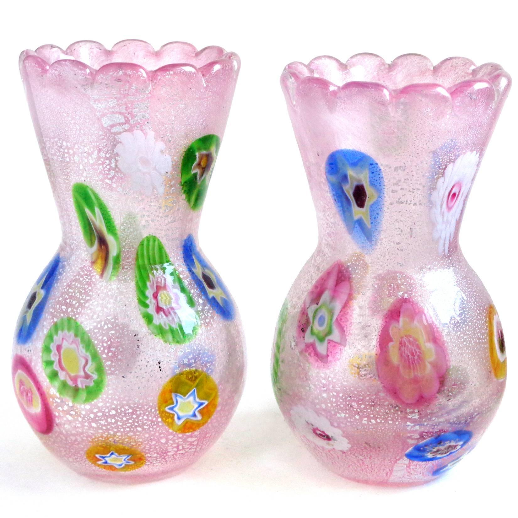 Priced per item (2 vases available as shown). Beautiful vintage Murano hand blown soft pink, silver flecks and large millefiori murrines Italian art glass flower vases. Documented to the A.Ve.M. (Arte Vetraria Muranese) company and attributed to