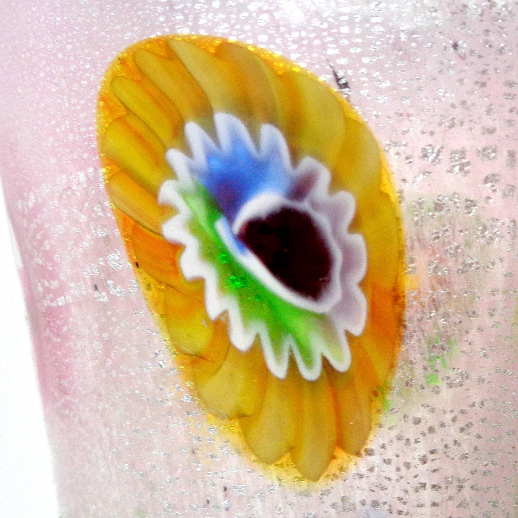 Mid-20th Century A.Ve.M. Murano Pink Millefiori Silver Flecks Italian Art Glass Flower Vase For Sale