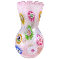 A.Ve.M. Murano Pink Millefiori Silver Flecks Italian Art Glass Flower Vase