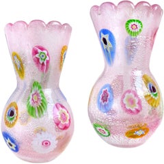 A.Ve.M. Murano Pink, Millefiori, Silver Flecks Italian Art Glass Flower Vases