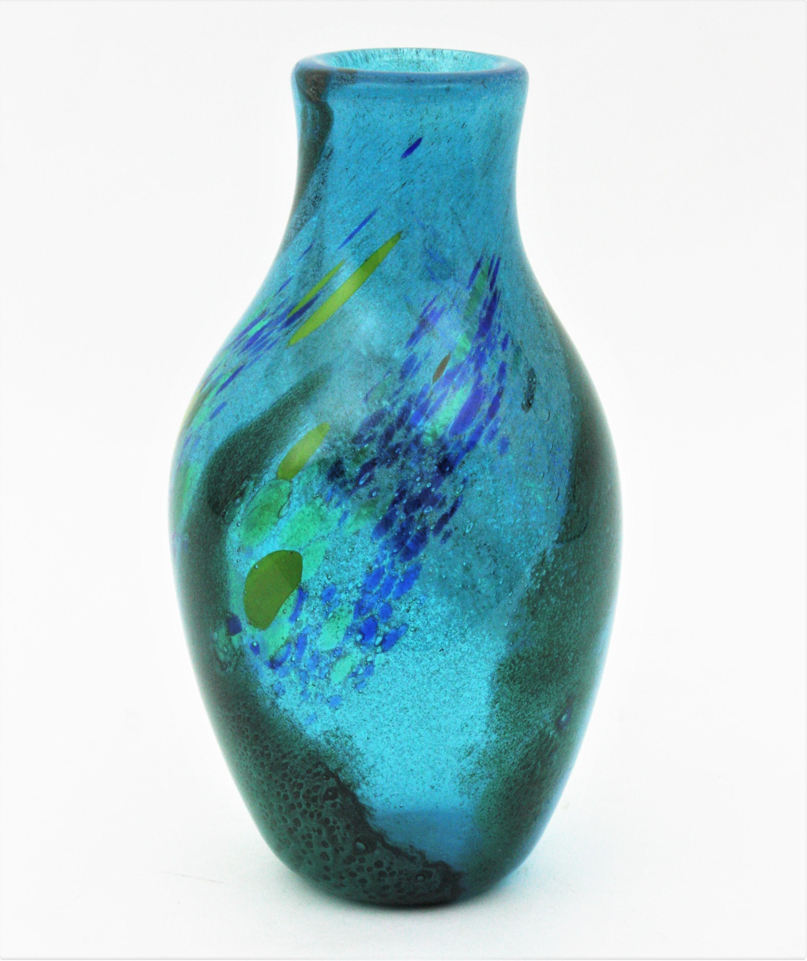 AVEM Murano Pulegoso Murrine Blue Art Glass Vase, 1950s For Sale 4