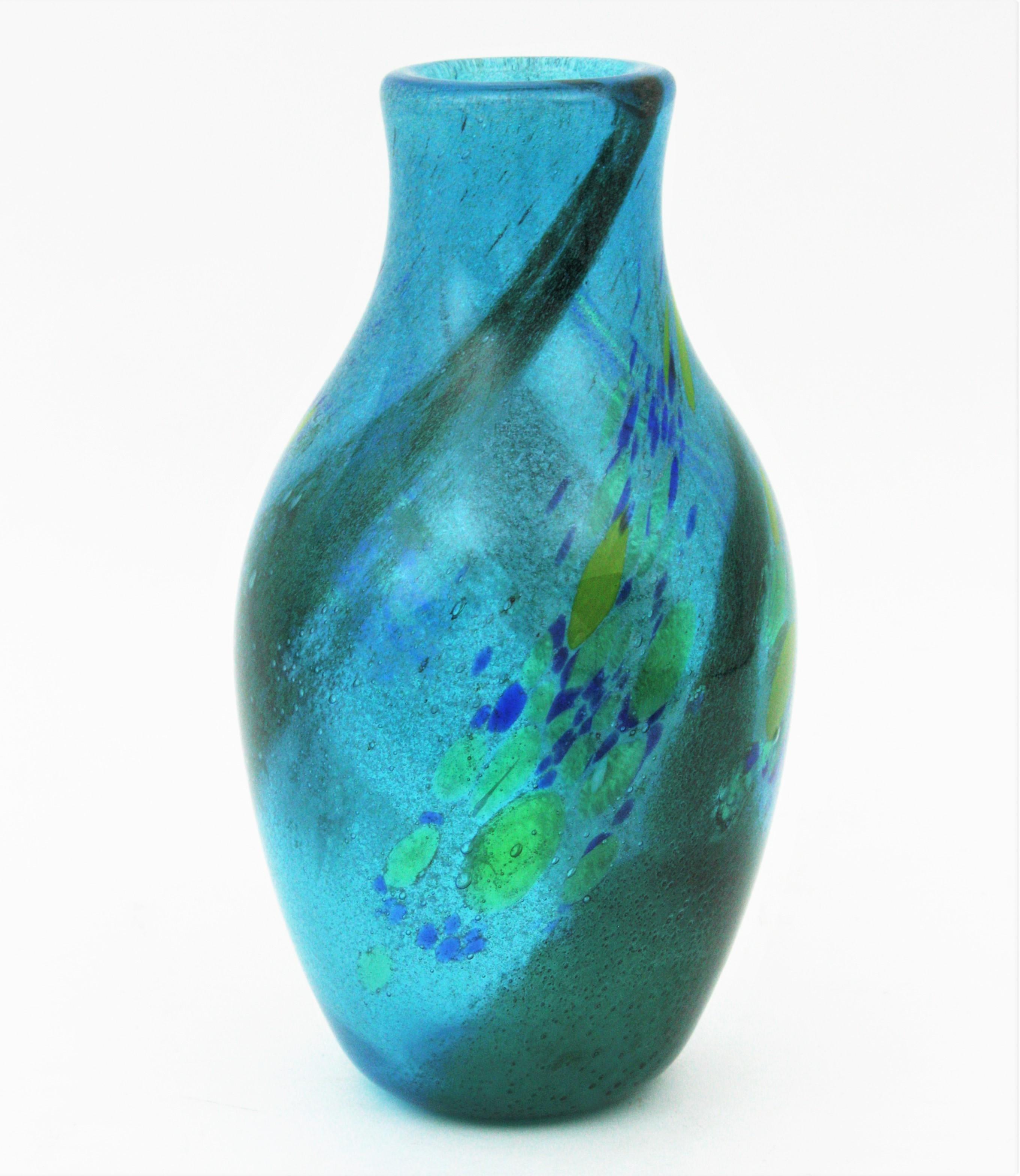 20th Century AVEM Murano Pulegoso Murrine Blue Art Glass Vase, 1950s For Sale