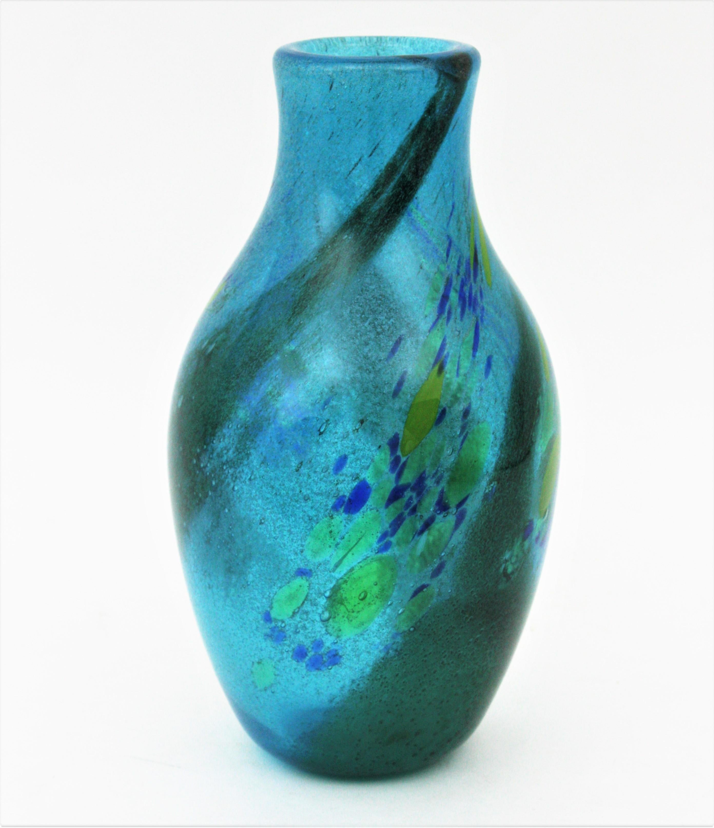 AVEM Murano Pulegoso Murrine Blue Art Glass Vase, 1950s For Sale 2