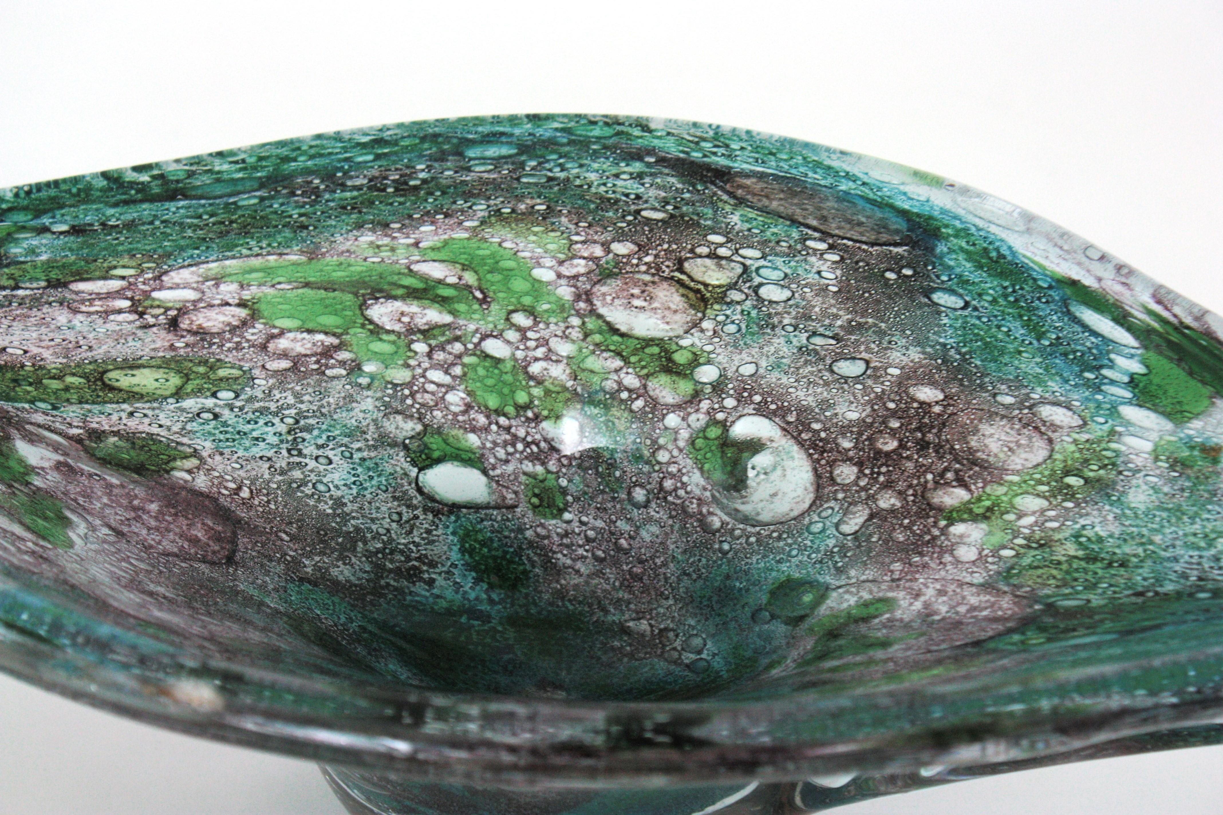 AVEM Murano Pulegoso Púrpura Azul Jarrón Centro de Mesa de Vidrio Artístico Moderno de mediados de siglo en venta
