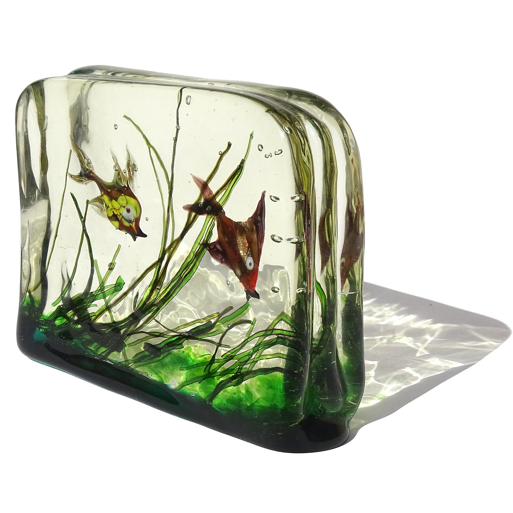 Beautiful and large, vintage Murano hand blown Sommerso double fish Italian art glass aquarium block sculpture. Documented to the Arte Vetraria Muranese company (A.Ve.M.). Similars are published in the company book, and dated to the 1950s. There is