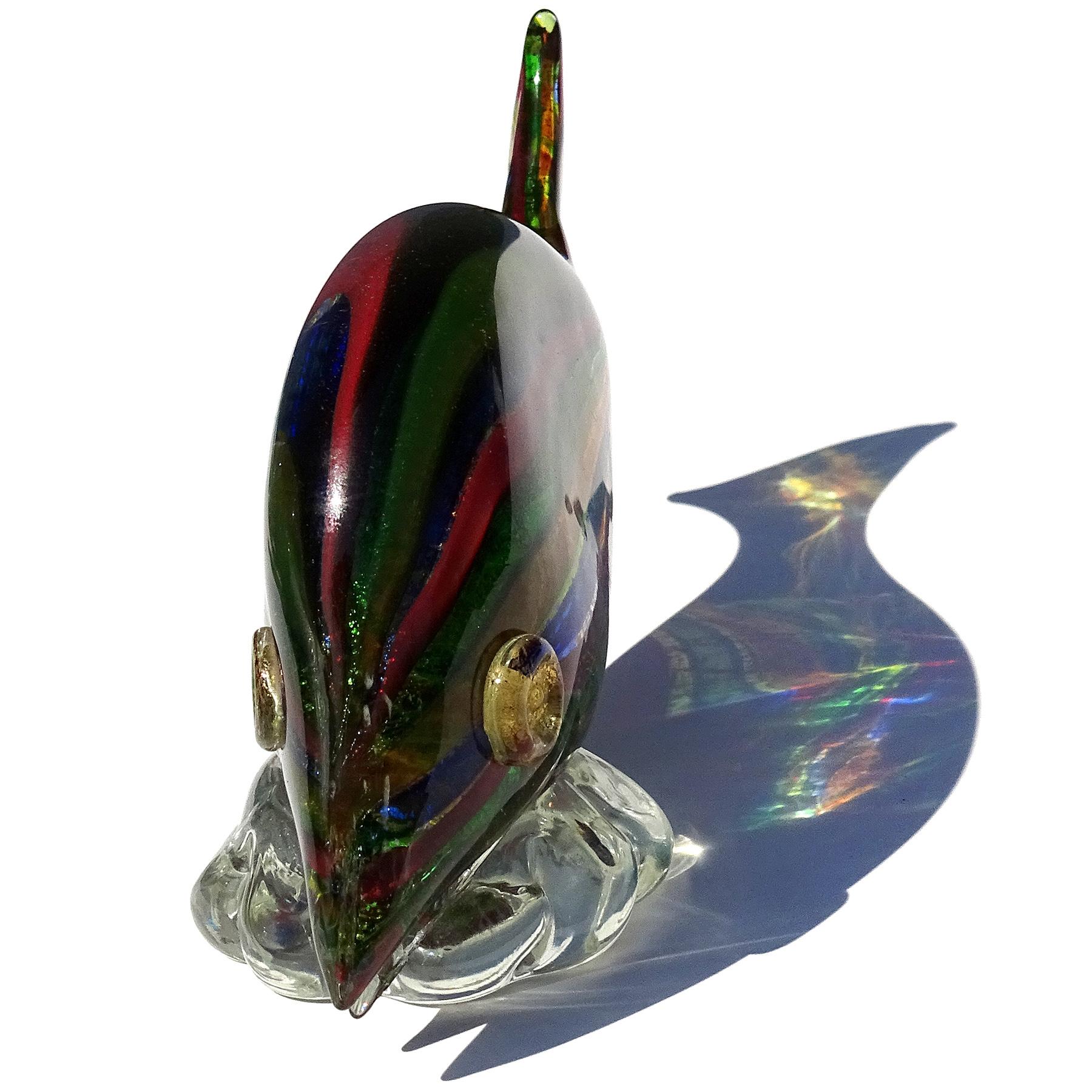 Mid-Century Modern A.Ve.M. Murano Rainbow Silver Gold Flecks Italian Art Glass Stripes Fish Figure For Sale