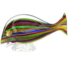 Vintage A.Ve.M. Murano Rainbow Silver Gold Flecks Italian Art Glass Stripes Fish Figure