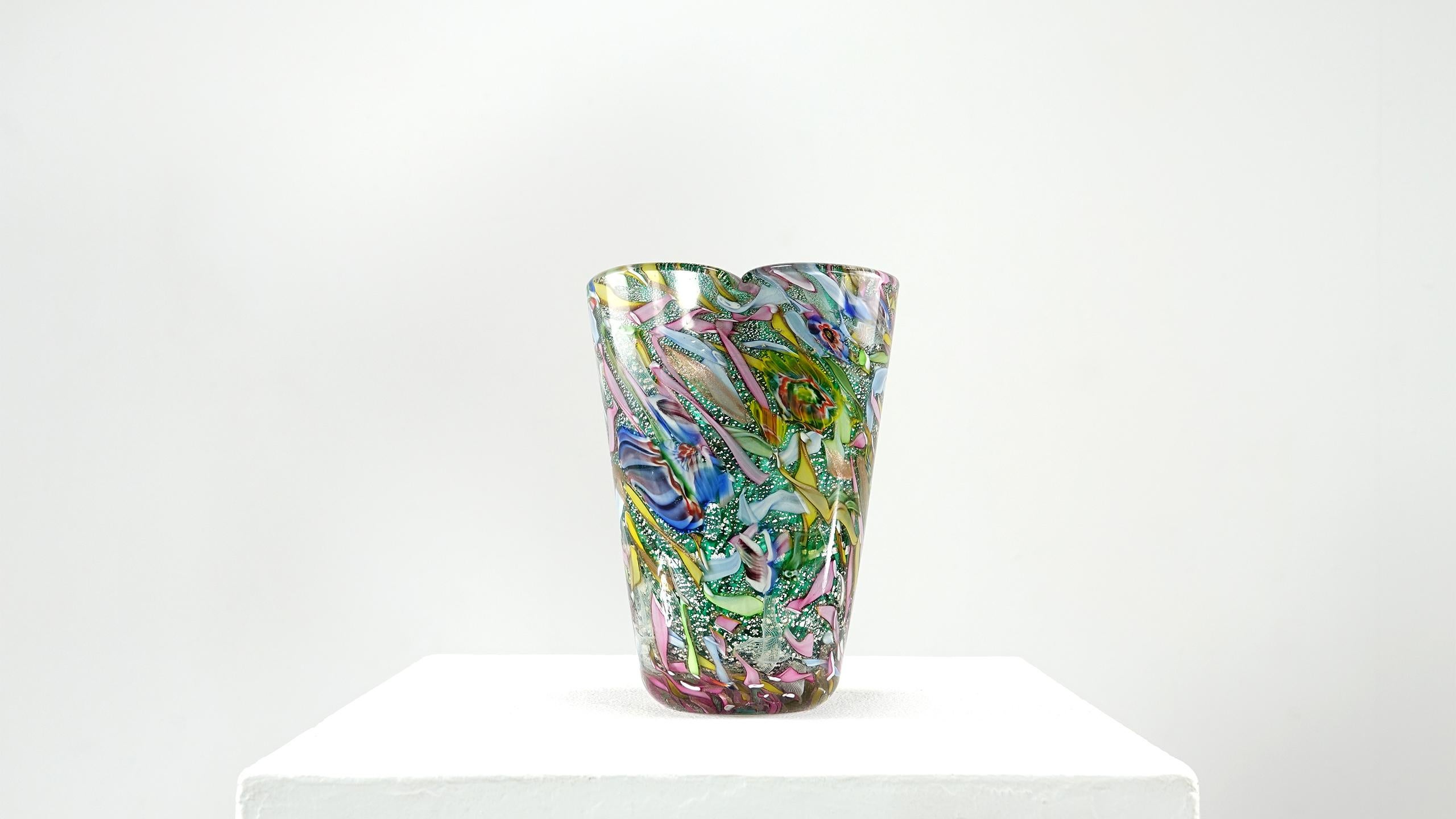 Mid-20th Century A.Ve.M. Murano Red Millefiori Copper Flecks Ribbon Italian Art Glass Flower Vase