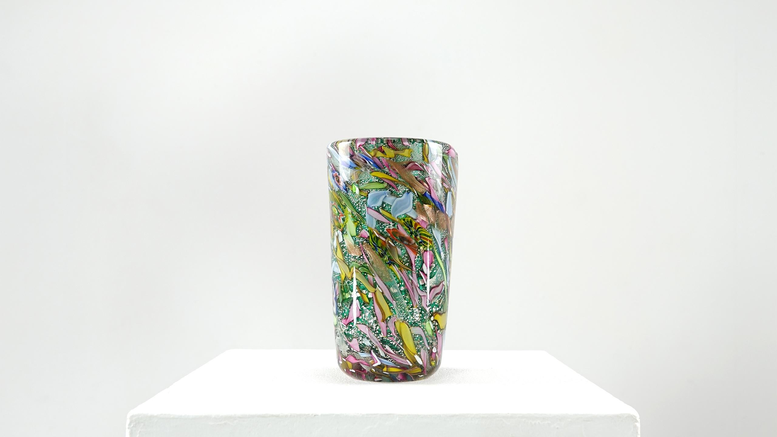 A.Ve.M. Murano Red Millefiori Copper Flecks Ribbon Italian Art Glass Flower Vase 1