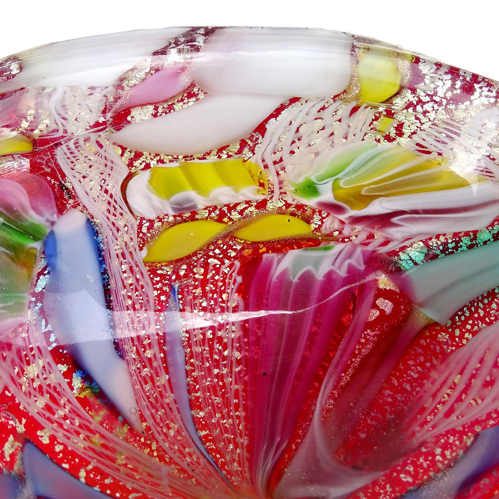 A.Ve.M. Murano Red Millefiori Flower Canes Silver Flecks Italian Art Glass Bowl For Sale 1