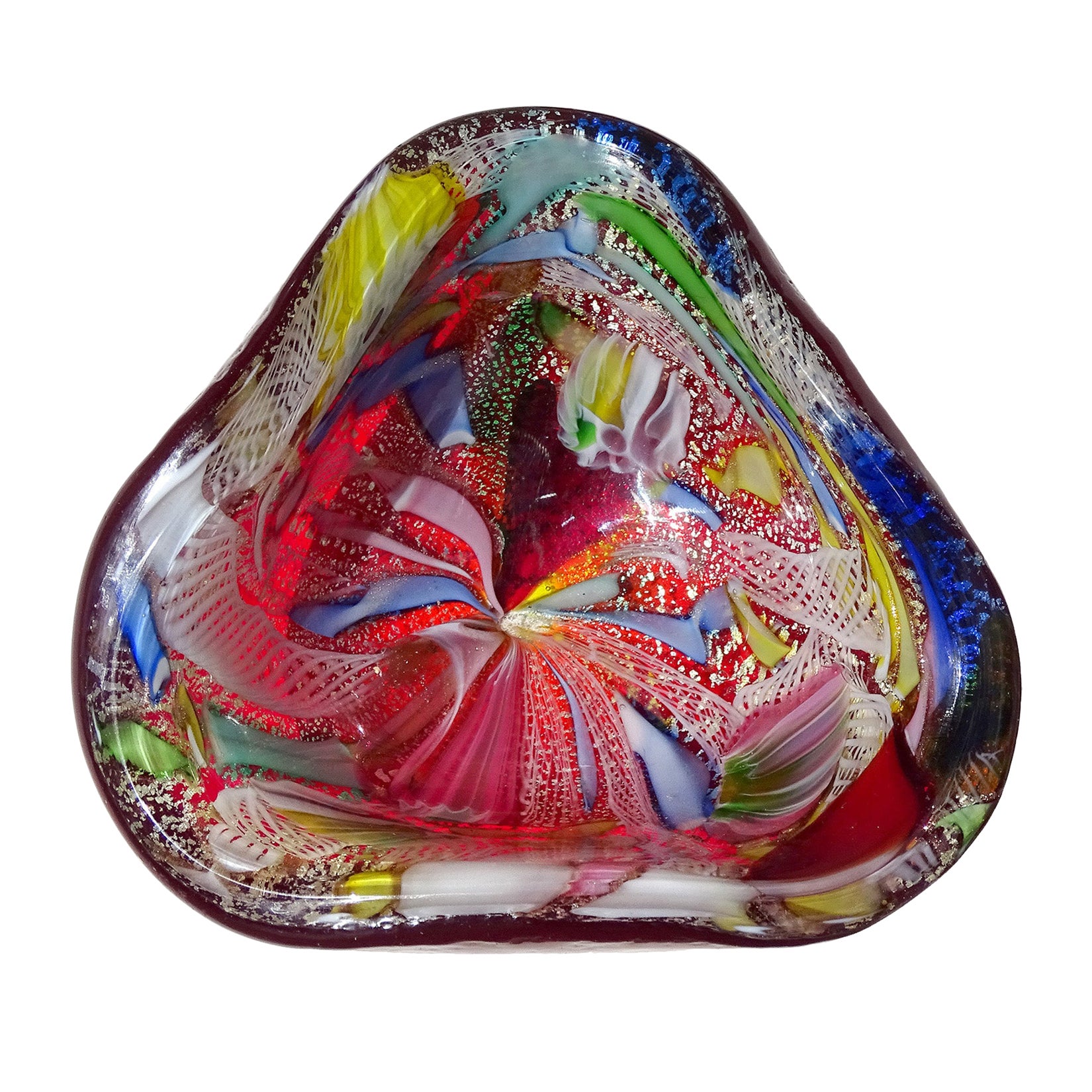 A.Ve.M. Murano Red Millefiori Flower Canes Silver Flecks Italian Art Glass Bowl