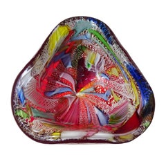 A.Ve.M. Murano Red Millefiori Flower Canes Silver Flecks Italian Art Glass Bowl