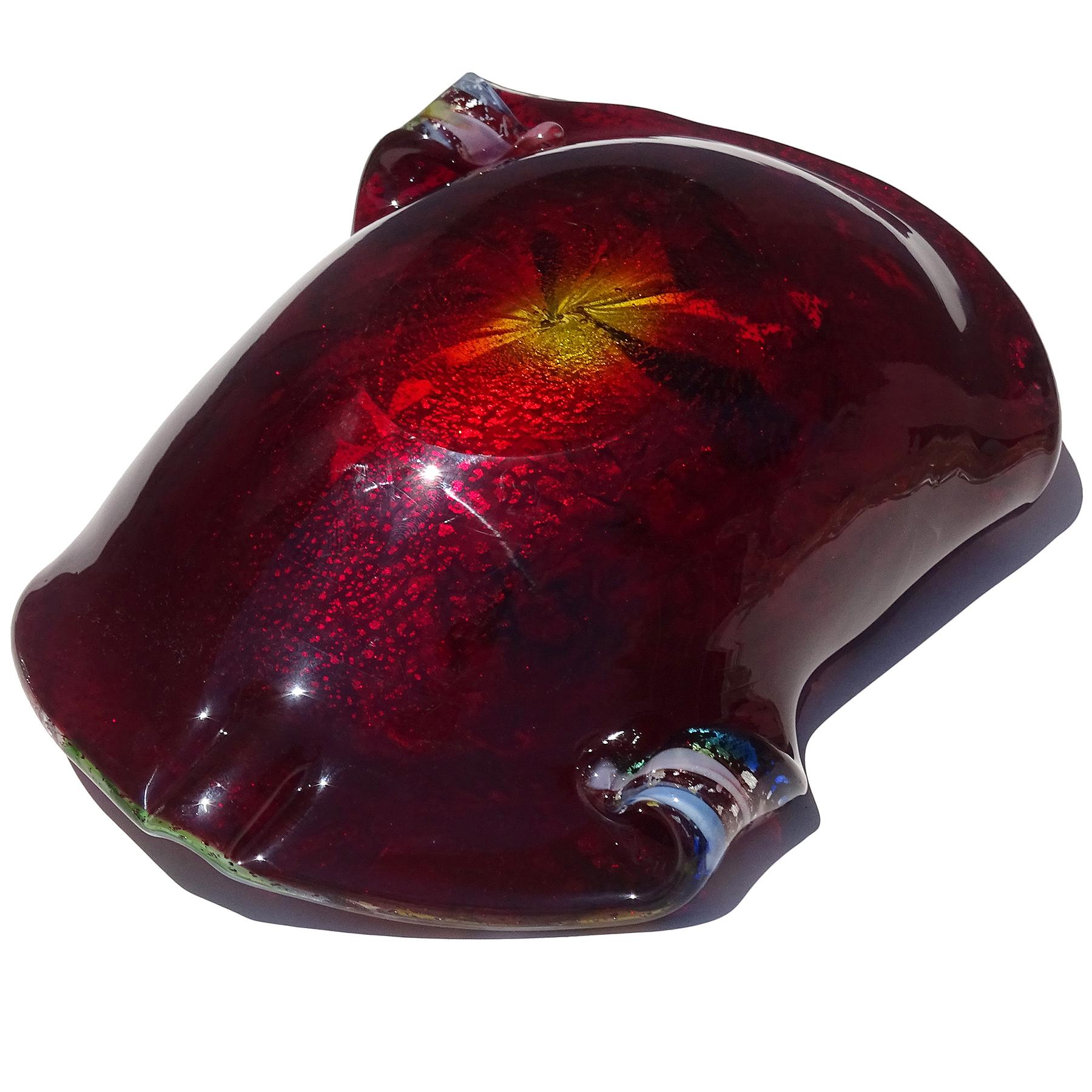 A.Ve.M. Murano Red Millefiori Flower Silver Flecks Ribbon Italian Art Glass Bowl For Sale 4