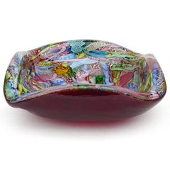 A.Ve.M. Murano Red Millefiori Flower Silver Flecks Ribbon Italian Art Glass Bowl