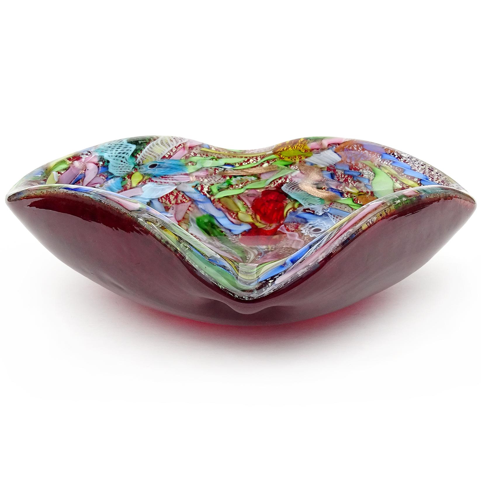 Hand-Crafted A.Ve.M. Murano Red Millefiori Flower Silver Flecks Ribbon Italian Art Glass Bowl