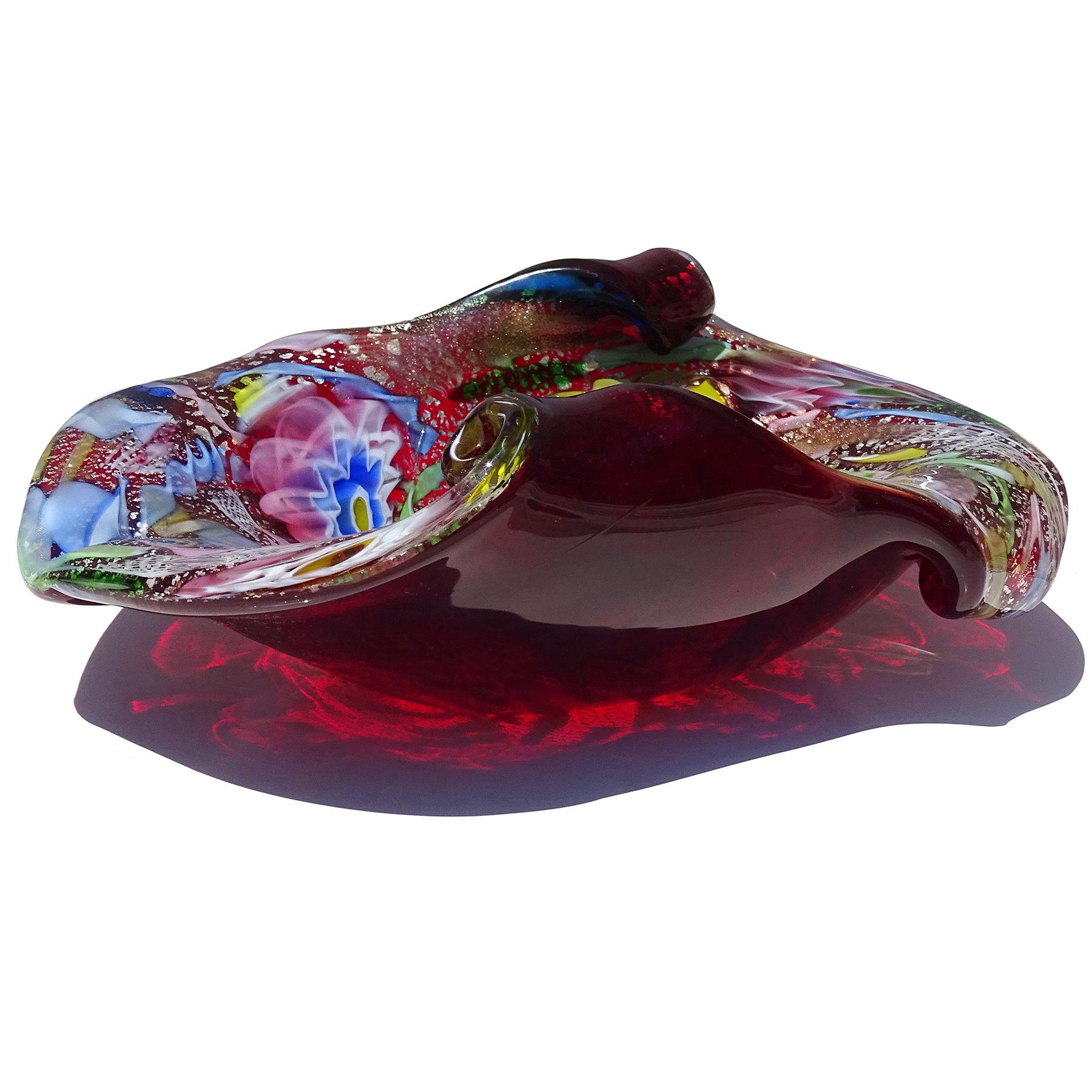 Hand-Crafted A.Ve.M. Murano Red Millefiori Flower Silver Flecks Ribbon Italian Art Glass Bowl For Sale