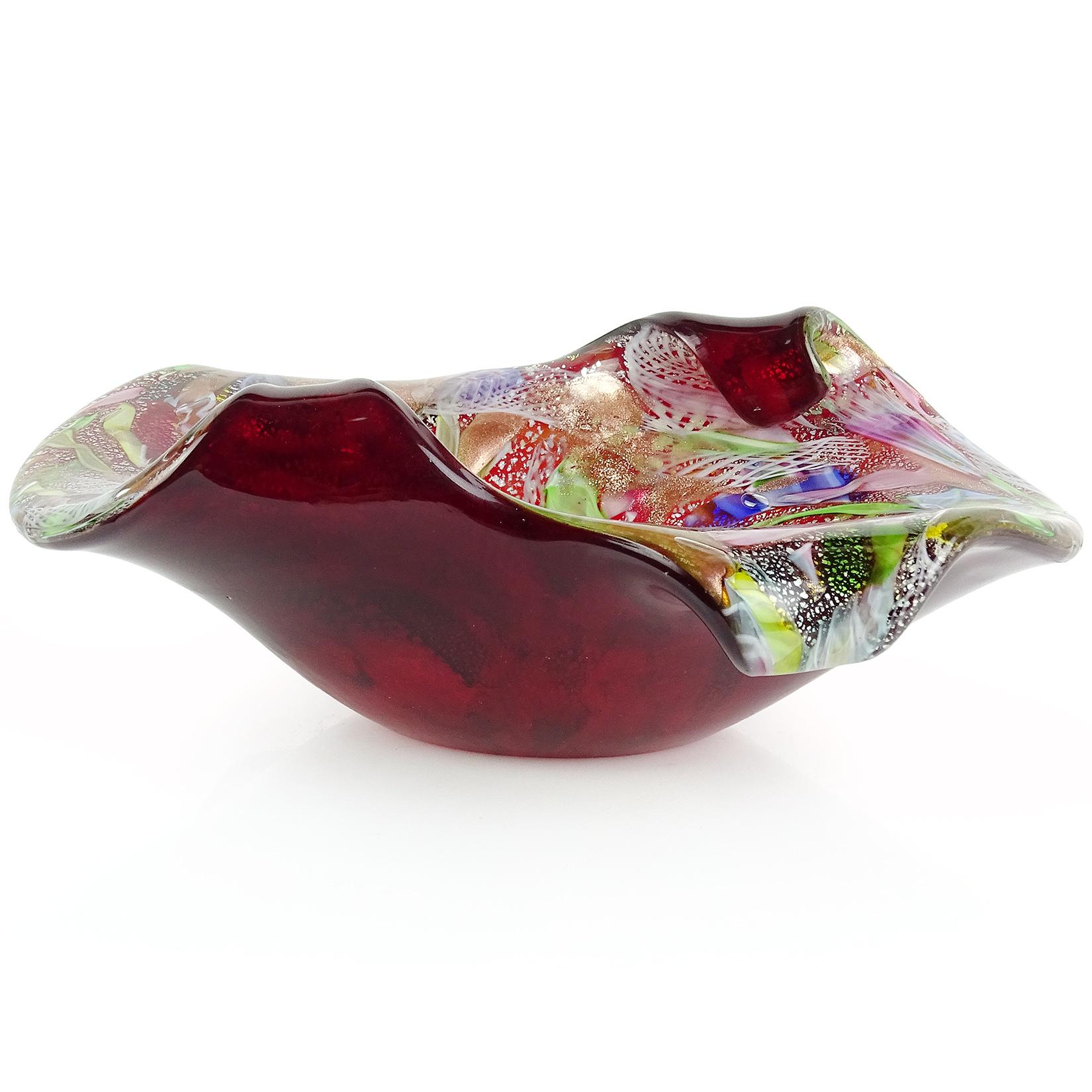 A.Ve.M. Murano Red Millefiori Flower Silver Flecks Ribbon Italian Art Glass Bowl (Handgefertigt)