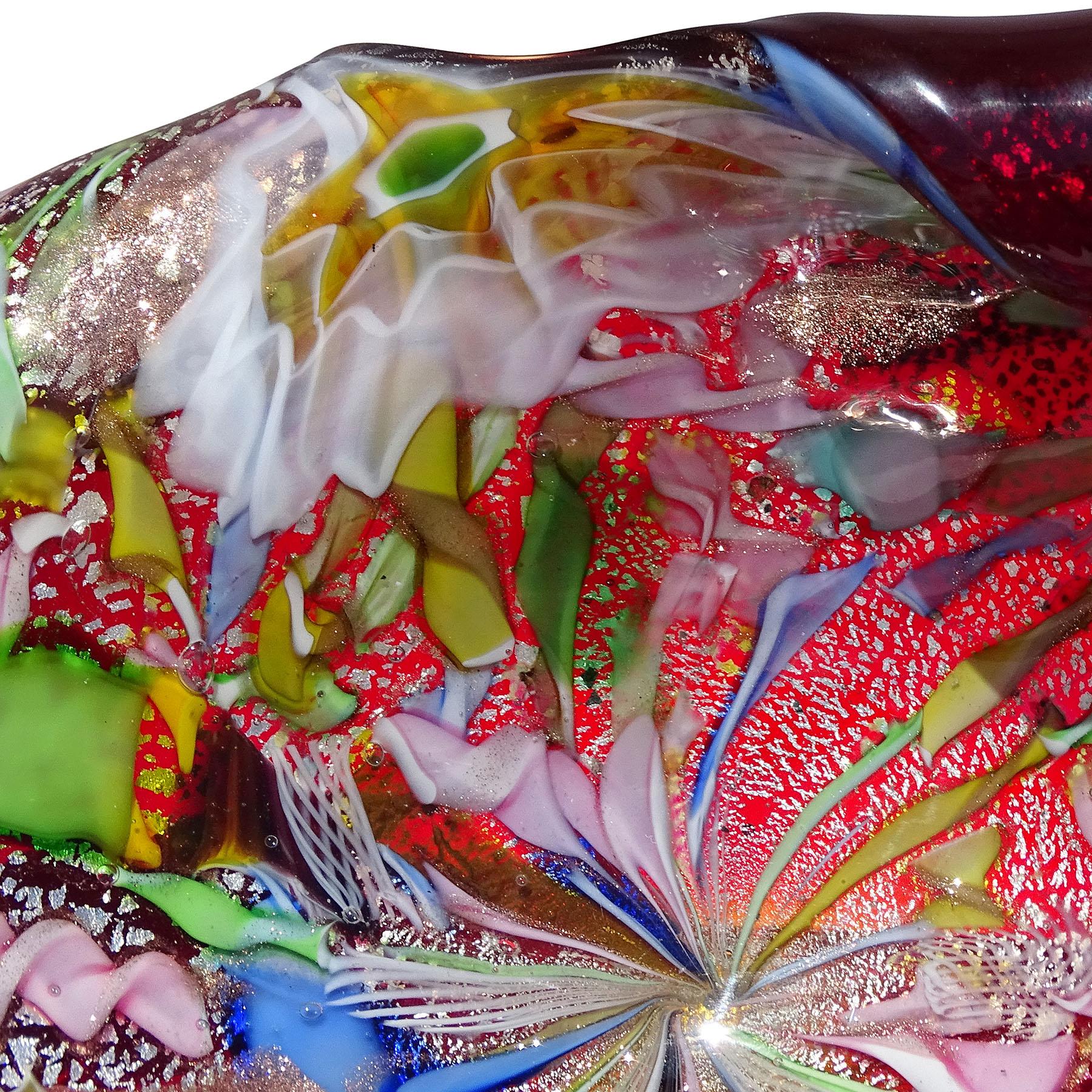 A.Ve.M. Murano Red Millefiori Flower Silver Flecks Ribbon Italian Art Glass Bowl In Good Condition For Sale In Kissimmee, FL