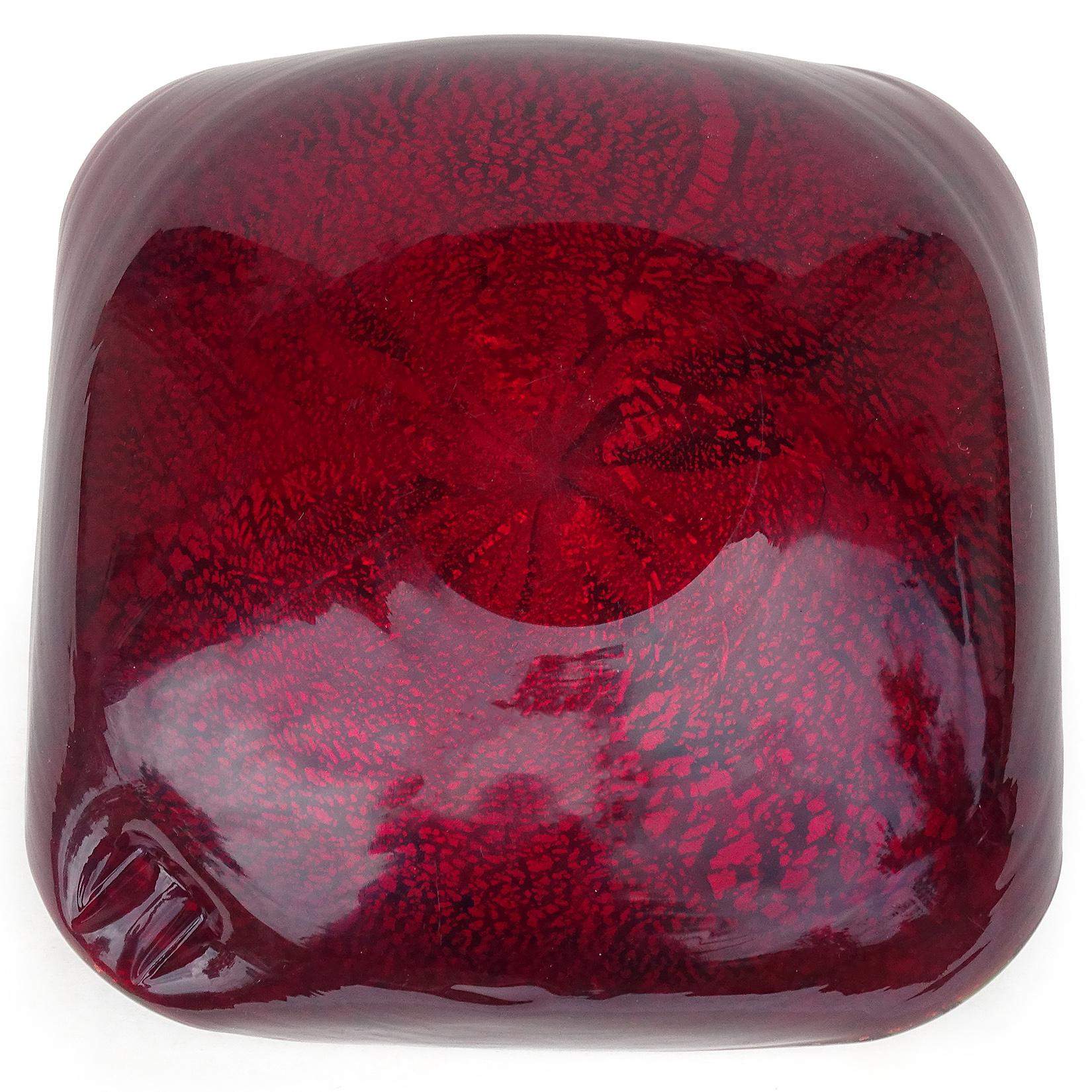 20th Century A.Ve.M. Murano Red Millefiori Flower Silver Flecks Ribbon Italian Art Glass Bowl