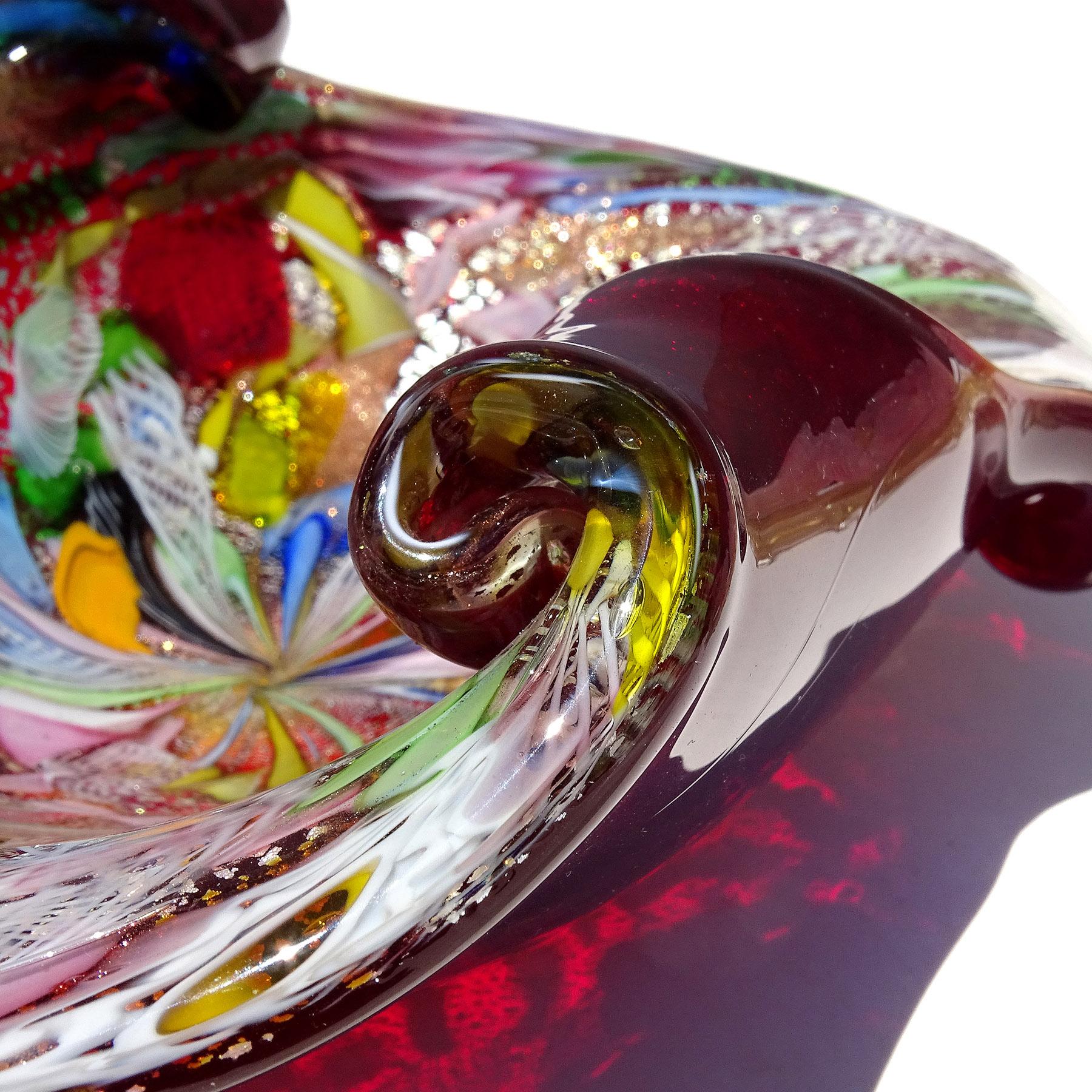 A.Ve.M. Murano Red Millefiori Flower Silver Flecks Ribbon Italian Art Glass Bowl For Sale 1
