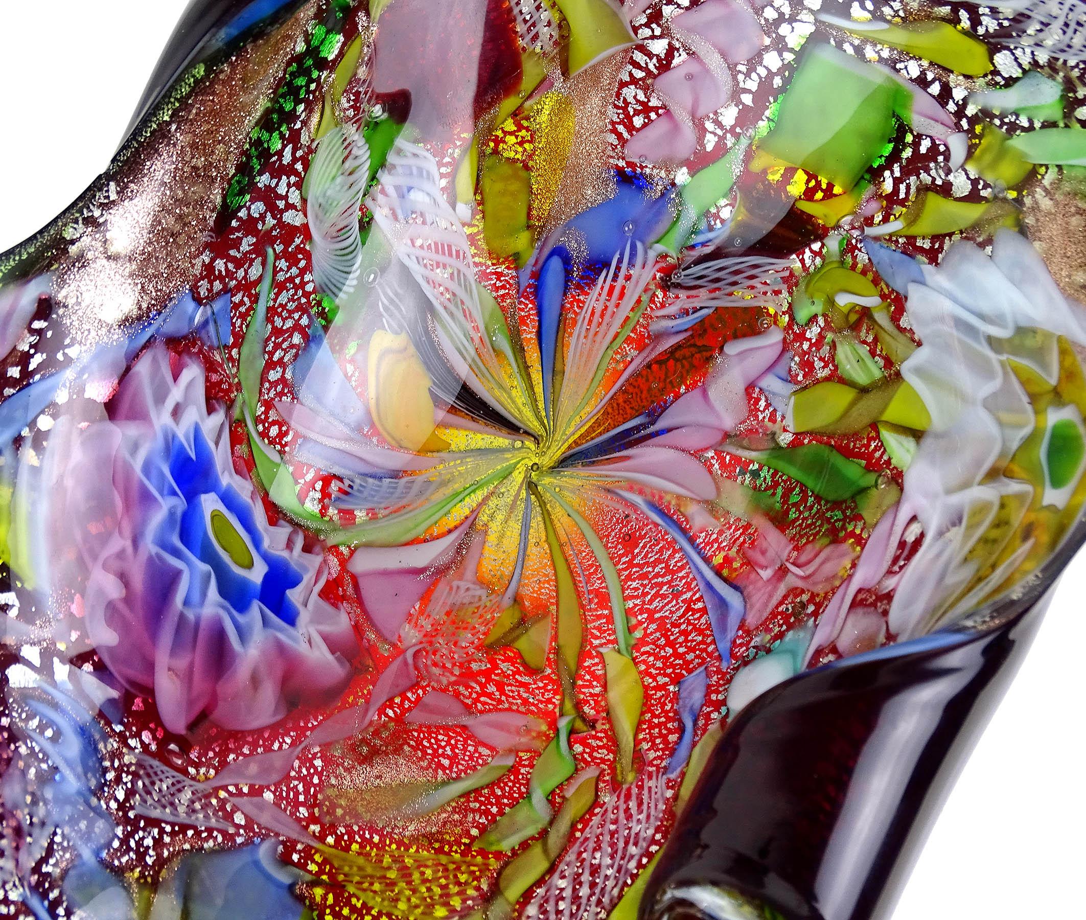 A.Ve.M. Murano Red Millefiori Flower Silver Flecks Ribbon Italian Art Glass Bowl For Sale 2